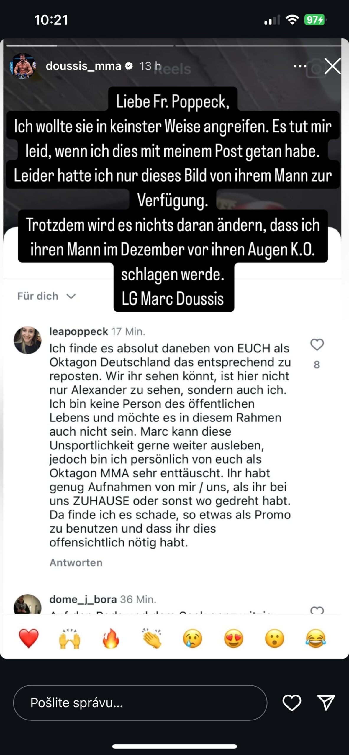 Marc Doussis sa ospravedlnil manželke Poppecka a odkázal, že jej muža aj tak knokautuje